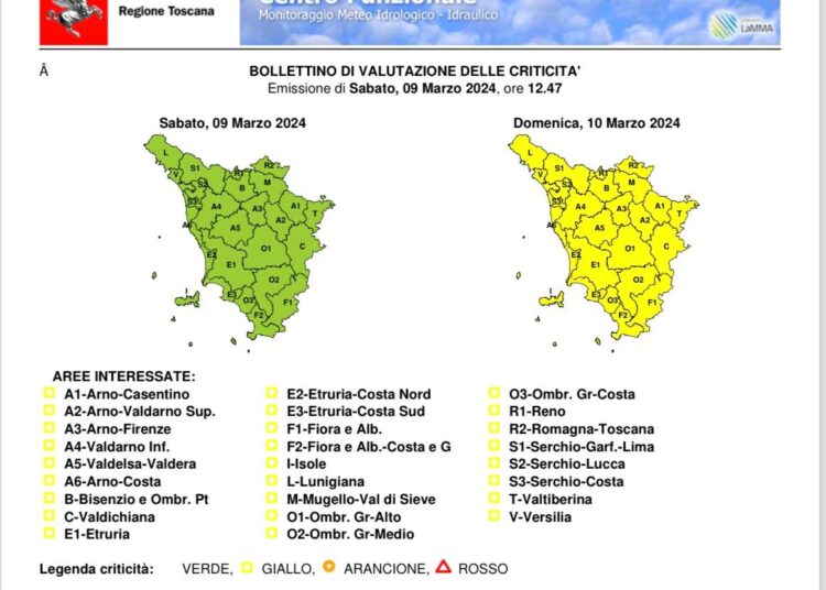 Meteo: allerta gialla dalle 6 alle 23,59 di domenica 10 marzo
