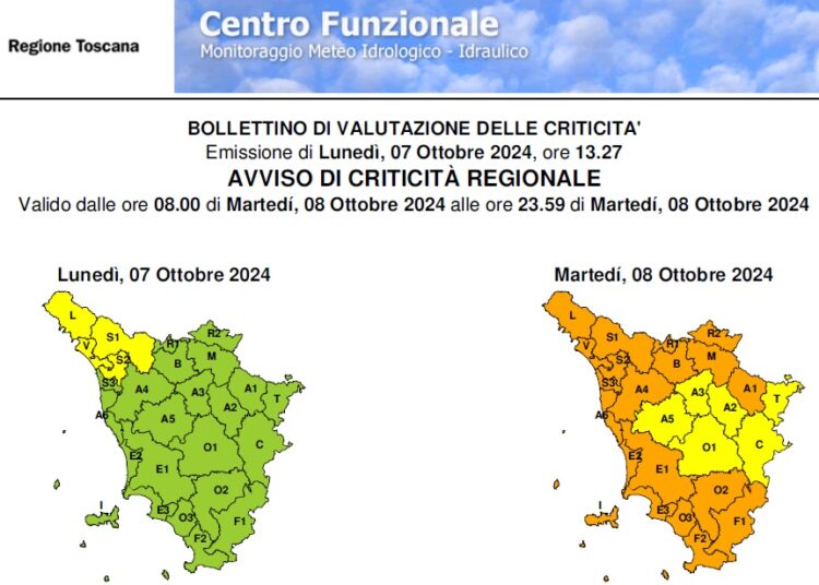 Maltempo: martedì 8 ottobre allerta arancio per temporali e rischio idrogeologico/idraulico. Scuole chiuse