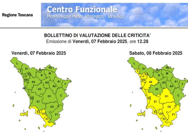 Meteo: domani 8 febbraio allerta gialla dalle 12 alla mezzanotte